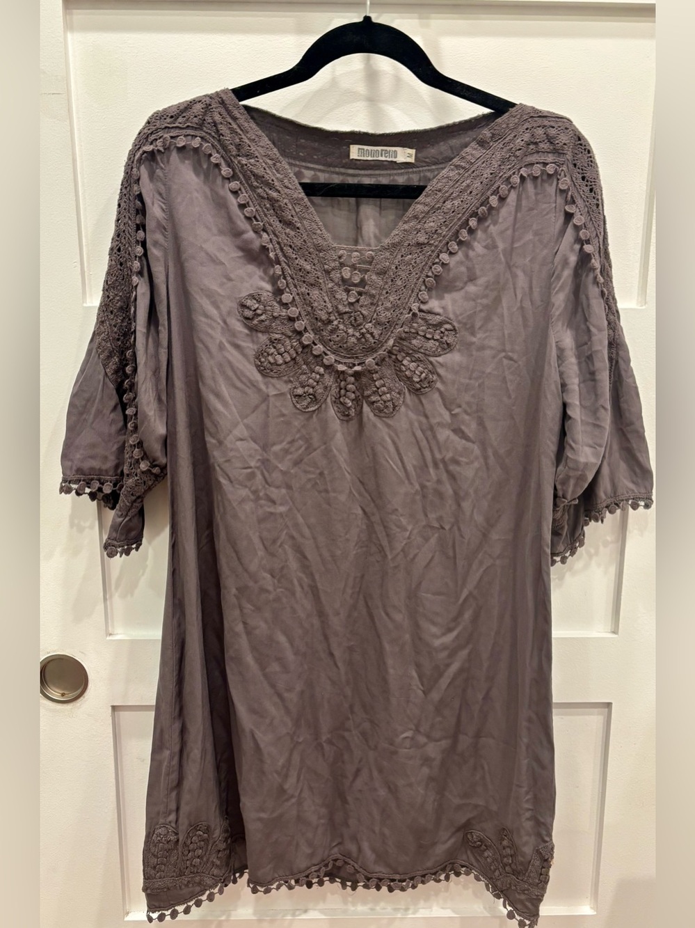 Monoreno Gray Brown Crochet-Trim Mini Dress / Beach Coverup